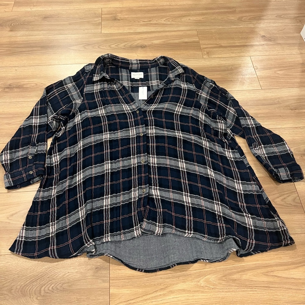 American Eagle Outfitters Navy Plaid Shirt with White and Burgundy Accents